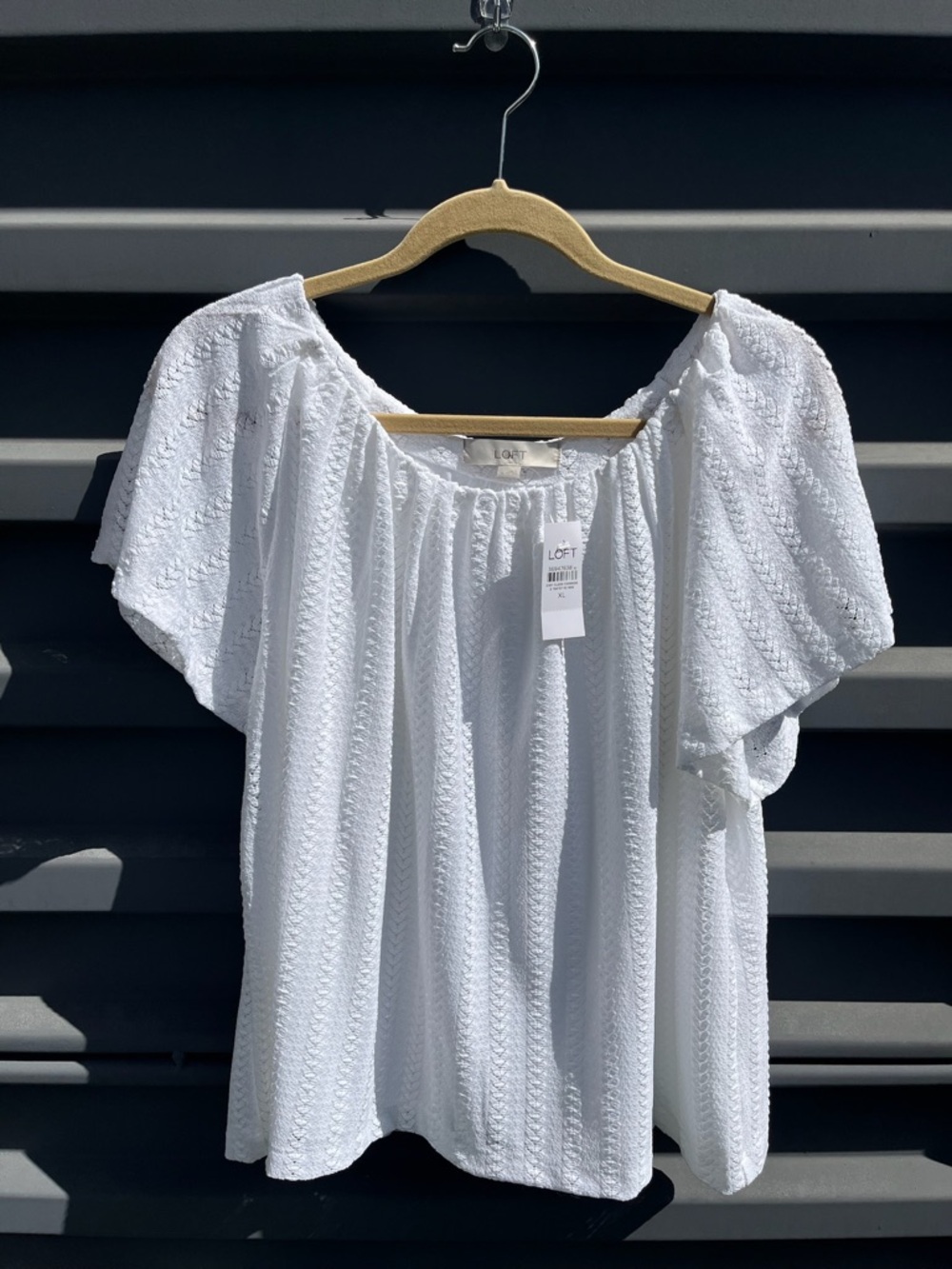 LOFT White Textured Off-Shoulder Flutter Top